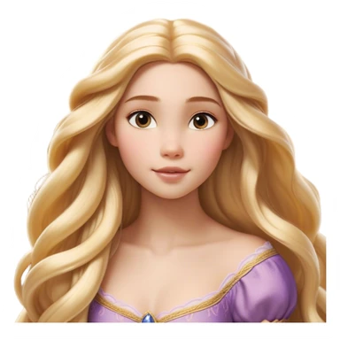 Cinematic Realistic Rapunzel Portrait, with porcelain-like skin featuring a subtle, natural glow, illuminated by soft lighting that brings out the gentle contours of her face. Her long, golden blonde hair cascades in detailed waves, each strand highlighted with a radiant shimmer as it catches the light. Her bright, expressive green eyes exude curiosity and warmth, framed by delicate lashes and soft, arched brows. Her expression is playful and vibrant, with a gentle smile. She is dressed in her classic lavender and pink gown, the fabric textured with delicate folds that flow naturally, catching the light with a soft, radiant glow. The portrait captures a luminous, enchanting aura, seamlessly blending realism with a whimsical, fairytale charm, evoking a timeless sense of beauty and magic. sticker