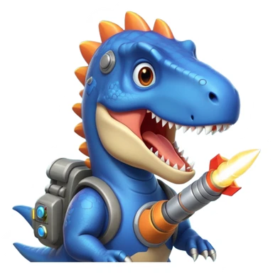 rocket-propelled dinosaur portrait, head and shoulders only, cute T-rex face, rocket pack visible behind shoulders, glowing thrusters, 3D cartoon, mobile game icon style, clean background, no text, no watermark sticker