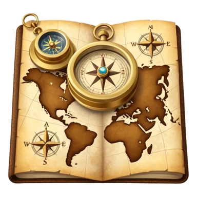 3D Brown golden map with Travel compass pointing to adventure sticker