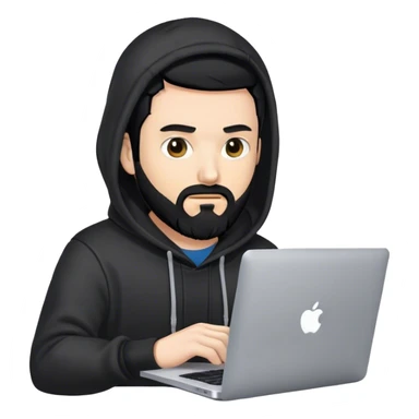 hackeur blanc cheveux noir barbe et capuche noir avec un macbook sticker