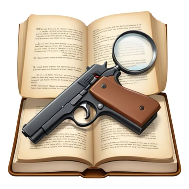 Icon for Action & Crime Reading: an open book with action-packed scenes on the pages, including detectives, chase scenes, and suspenseful moments. Add a gun, handcuffs, and a magnifying glass, while keeping the book as the main focus. Transparent background. sticker