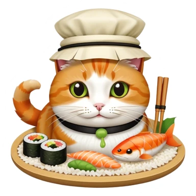 cat wearing a sushi hat with rice base, multiple fish pieces on top, wasabi accent, and soy sauce dripping, sushi hat with sauce sticker