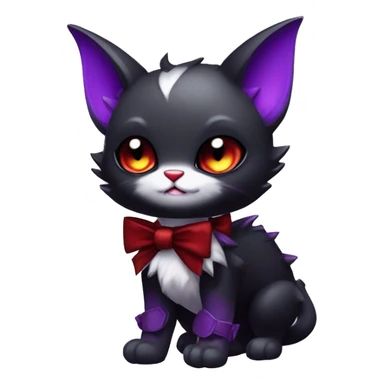 Cute-Evil-Vampiric-Batty-Cat-Black-Purple-Red-White-Contrast-Colors-Fantasy-Fur-Sona-Chibi-Shiny-Fakémon-Hybrid with horns and big fangs neck bow tie leg spats full body sticker