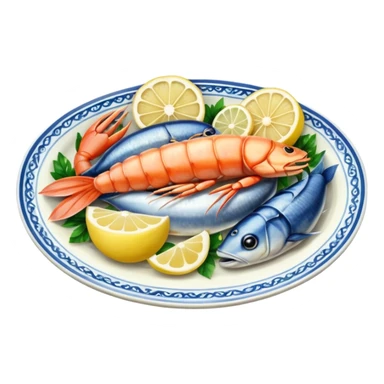 seafood on a porcelain platter with lemon  sticker