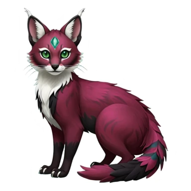 Colorful dark tropical feathery tribal dark burgundy wine-red obsidian-black jade-green white glorious iridescent divine exotic cute cool beautiful beautiful fantasy-caracal-civet-genet-sergal-vernid-Gryphon-Cacomistle-Trico-oncilla-animal-Fakémon-hybrid-fursona (full body) sticker