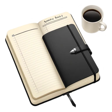 A classic black Moleskine notebook open to show an agenda page with meeting items and bullet points sticker