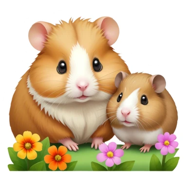 Icon for Hamster and Guinea Pig: A portrait-style collage with a fluffy hamster with soft fur, looking curious, and a friendly guinea pig with long, smooth fur, both on a soft green background with flowers and soft light. Transparent background. sticker