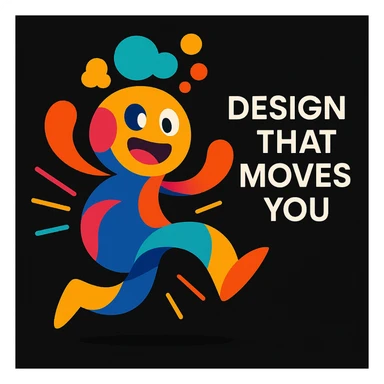 imaginative abstract mascot for a black website, playful and energetic, with thought bubbles and dynamic shapes to represent creativity and movement, vibrant colors, for a creative tech portfolio, includes the tagline 'Design That Moves You' sticker