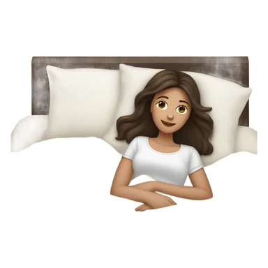 white girl with long dark brown hair laying in a bed with beige comforter sticker