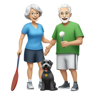 A grandma with short grey hair and grandpa with a short white beard playing pickle ball with a small black and white schnauzer sticker