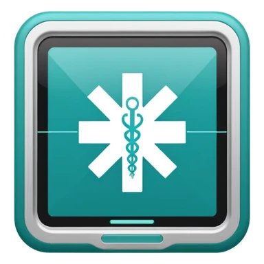 Emoji-style icon of a medical cross inside a scan frame with data lines, symbolizing AI disease detection. Simple emoji design, teal and white theme, no text, transparent background. sticker