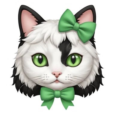 A black and white cat with green eyes she has a bow on her head she’s kinda fluffy  sticker