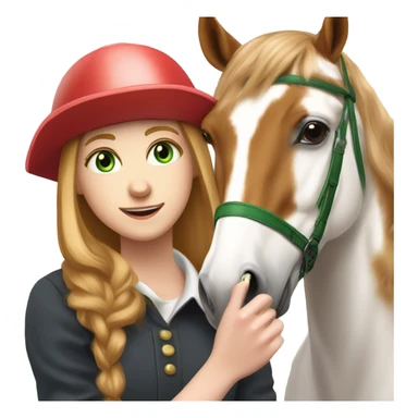 Extremely attractive and feminine white teen girl with green eyes and medium length strawberry blonde hair wearing traditional English riding helmet feeding a treat to a brown and white paint horse sticker