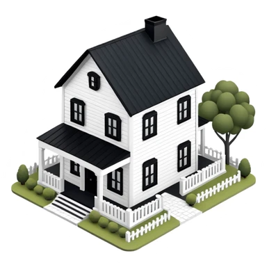 Black and white modern farmhouse exterior, isometric dollhouse-style, highly detailed  sticker
