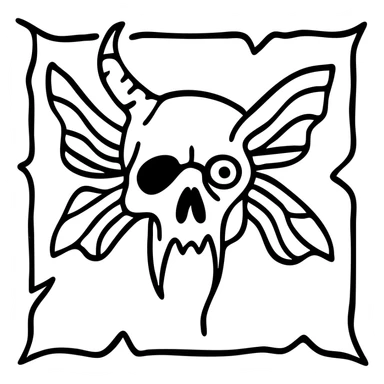 deeply disturbing minimal red horror line art of grotesque minotaur-stoat hybrid skull with aggressively fractured horn and demonic eye, unnatural twisted moth wings, mostly empty middle with nightmarish thin outline frame, intensely unsettling with sparse but horrifying details, frame jagged and broken in threatening manner, pure horror, 100% red sticker