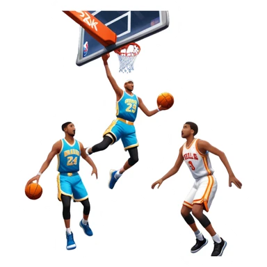 An icon featuring a basketball court with players in action, inspired by NBA 2K25. A player jumps for a dunk, with the ball mid-air. Bright lights illuminate the court, symbolizing the excitement of sports simulation games. Transparent background emphasizes the energy. sticker