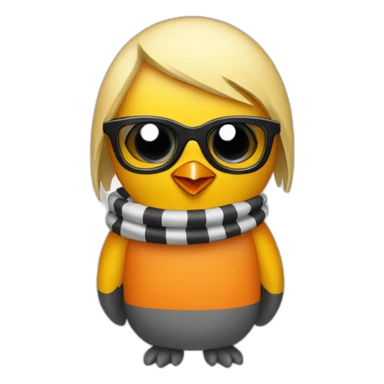 yellow penguin with black glasses blonde hair with orange tshirt and gray striped scarf sticker