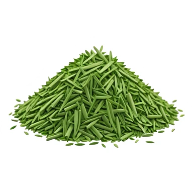 loose scatter of finely chopped dry green herb bits, short tubular shapes, crisp matte texture, uniform thin straight pieces, vibrant to muted green tones, evoking dried chive stalks, soft lighting, subtle shadows, emoji scale sticker