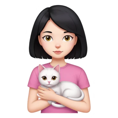 A girl with long black hair wearing a pink T-shirt and holding a beautiful short hair cat. sticker