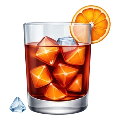 A short glass with bright red Negroni, ice cubes, and an orange wedge on top. sticker