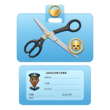 Floating black Scissors cutting in half a light blue idf soldier ID card with golden chip in 2 parts .hyper realistic sticker