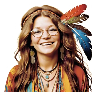 a portrait of janis joplin, focusing on her upper half. she has long, wavy hair with a free-spirited, messy style, round glasses, and a warm, infectious smile. she’s wearing layered bohemian jewelry, colorful clothing, and a feather in her hair, exuding her iconic 60s rock-and-roll vibe. the background is vibrant and slightly psychedelic sticker