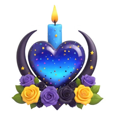 gothic heart made of midnight blue glass with silver crescent moon, tiny black roses, shimmering stardust, rainbow iridescent, dripping candle wax, confetti burst sticker