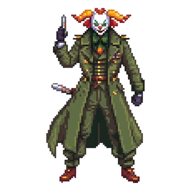 evil clown soldier, bald, black horns on forehead, fangs, pointed ears, eye patch over one eye, long coat over black and military green clothes with bellbottom pants, tail, holding a different style of whip, realistically proportioned, less bulky, full body, fighting stance sticker