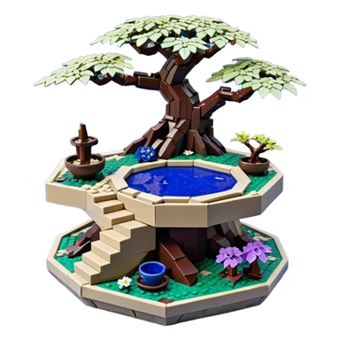  Ancient saucer-castle jungle Lego winding trail mountainside getaway haunted nighttime landscape antique mudman very old broken cracked intricately detailed Stone Age lapis-crusted irregular dodecagon-shaped shallow dark moss rough bark violet flowered maple bonsai Saikei coffee table-sized pot  sticker