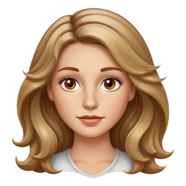 long dark Blond with highlights wavy hair white women, oval shape face hazel eyes long lashes little bit of freckles on the nose high cheek bones sticker