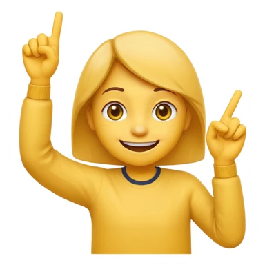 A 2D cartoon-style yellow emoji with a mischievous smile, shaped eyes, and both hands pointing upward with index fingers.  clean digital style, and a fun, dancing expression. Style similar to children’s drawing tutorials, dancing expression. No background, isolated on white.  sticker