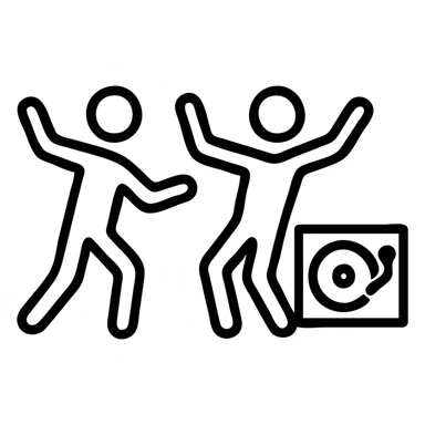 Two minimalist stick figures dancing near a record player, like a warning sign, black and white sticker