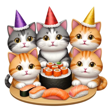 nine cats eating sushi at a birthday party sticker