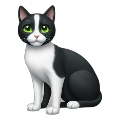 A black cat with green eyes with a white mustache, a white stripe on its nose, a full-length white breast and white paws sticker