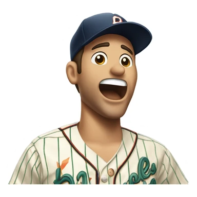 Man with brown hair wearing a hawaiian shirt yells at pinstripe wearing Latino baseball player sticker