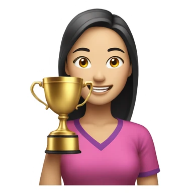 asian happy woman with a gold champion cup sticker
