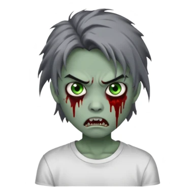 3D emoji-style avatar with grey zombie skin, dark brown hair, a young Asian face, and large green eyes with blood tears. Give it white litle bit messy middle hair style , silver hoop earrings, and a plain white T-shirt. The face expression should be slightly angry, with vampire fang sticker
