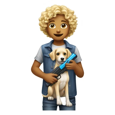 Make a blonde kid with curly hair holding a water gun at a dog sticker