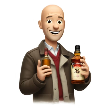 realistic meme of bald man mit jackey with withe bart with Glenfarclas 35yo sticker