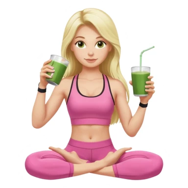 long haired blonde pilates instructor in pink drinking matcha in cute set with no straps and tattooed sticker