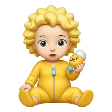 A 3D cartoon baby character yellow skin, styled like Maggie Simpson, with pacifier, yellow onesie, big eyes, smooth shading, Memoji-style rendering, consistent with other yellow Simpsons characters. sticker