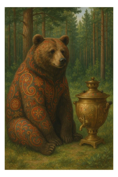 A Russian bear, realistic style, sitting with a samovar, pine forest background, subtle Russian motifs like traditional patterns and colors. sticker