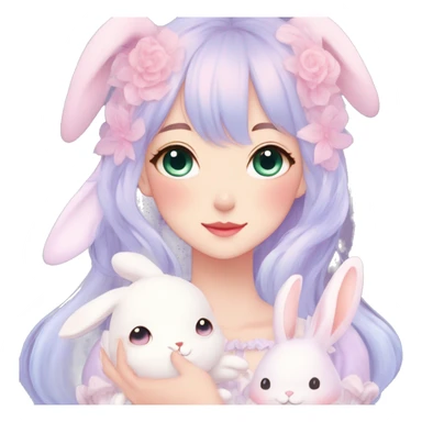 Gorgeous pastel anime style lady with blushing face and holding a bunny cottagecore fairycore pastelcore colorful pearly romantic simplistic aesthetic trending style sticker