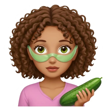 lightskin girl having a spa day with green skincare clay mask and ,cucumbers on her eyeballs  and brown curly hair and a pink shirt not holding it in her hand sticker