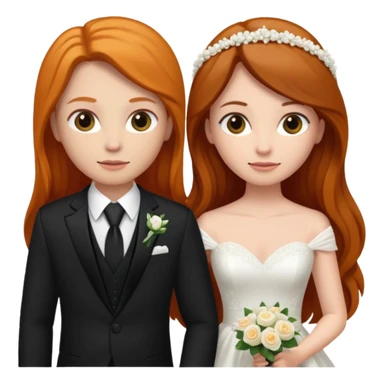 two girls getting married. one ginger with long hair in a BLACK SUIT. one dark haired brunette in a WEDDING dress sticker