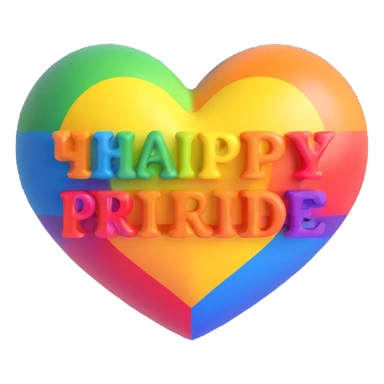 Add the text 'Happy Pride Month' below the 3D rainbow heart in a bold, colorful font that matches the Pride theme. Keep the background transparent. sticker