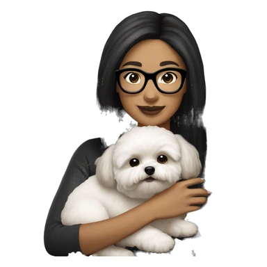 Tan skinned woman with black straight hair and black glasses holding white MaltiPoo dog sticker