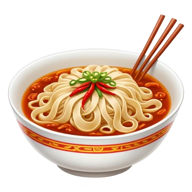 Xi'an Biangbiang noodles with extra wide belt shape and chili oil, simplified emoji style with bold outlines and bright colors, cartoon style Shaanxi specialty sticker