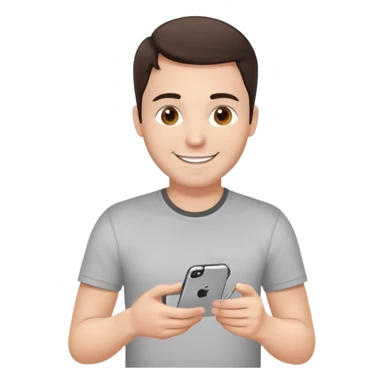 make a white guy with dark brown hair repairing an iphone happy, with a simple white o grey shirt sticker