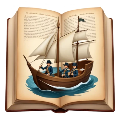 Icon for Reading Fiction: a large open book with pages turning, a sailboat sailing across the pages, Musketeers on horseback, Sherlock Holmes and other literary elements. The icon should evoke the adventurous spirit of storytelling. Transparent background. sticker